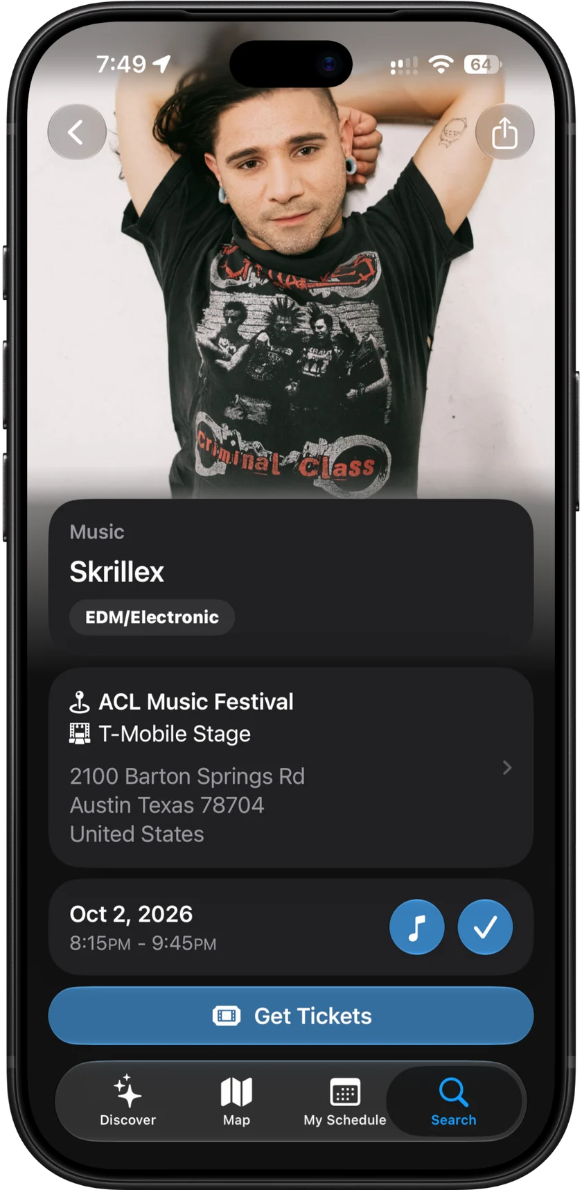 Unplug event details for Skrillex at ACL, with stage, set time, and a Get Tickets button.