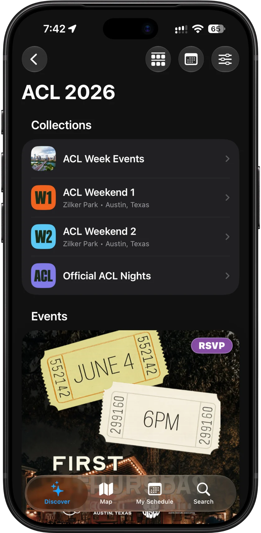 Unplug ACL 2026 collection with both festival weekends, ACL Week Events, and Official ACL Nights.