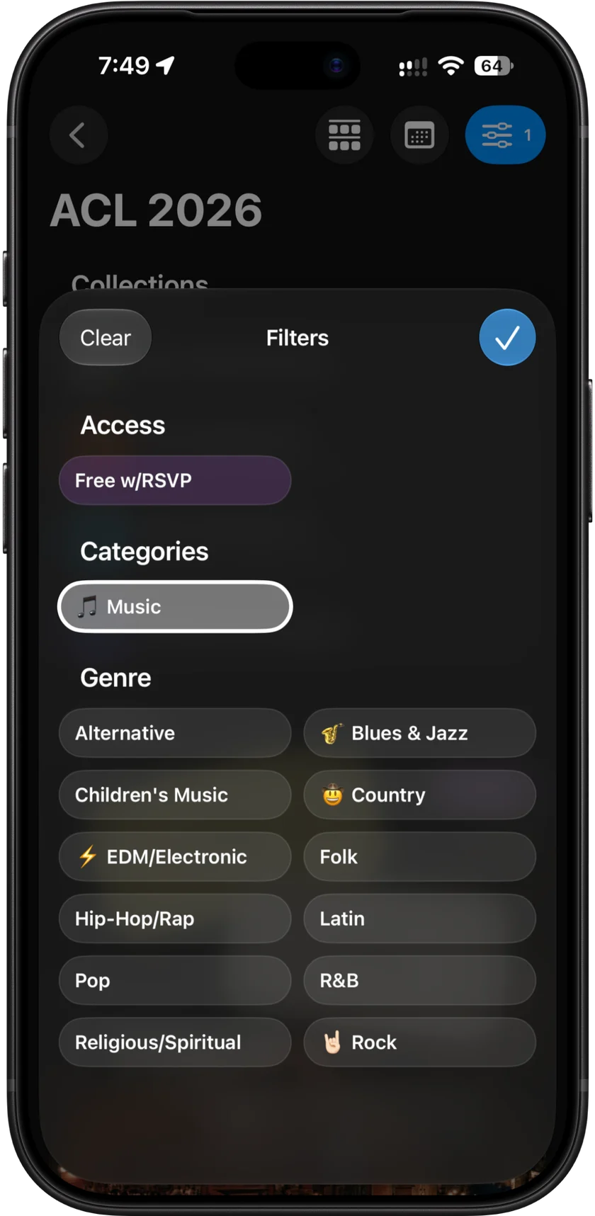 Unplug filters for admission type, event category, and music genres.
