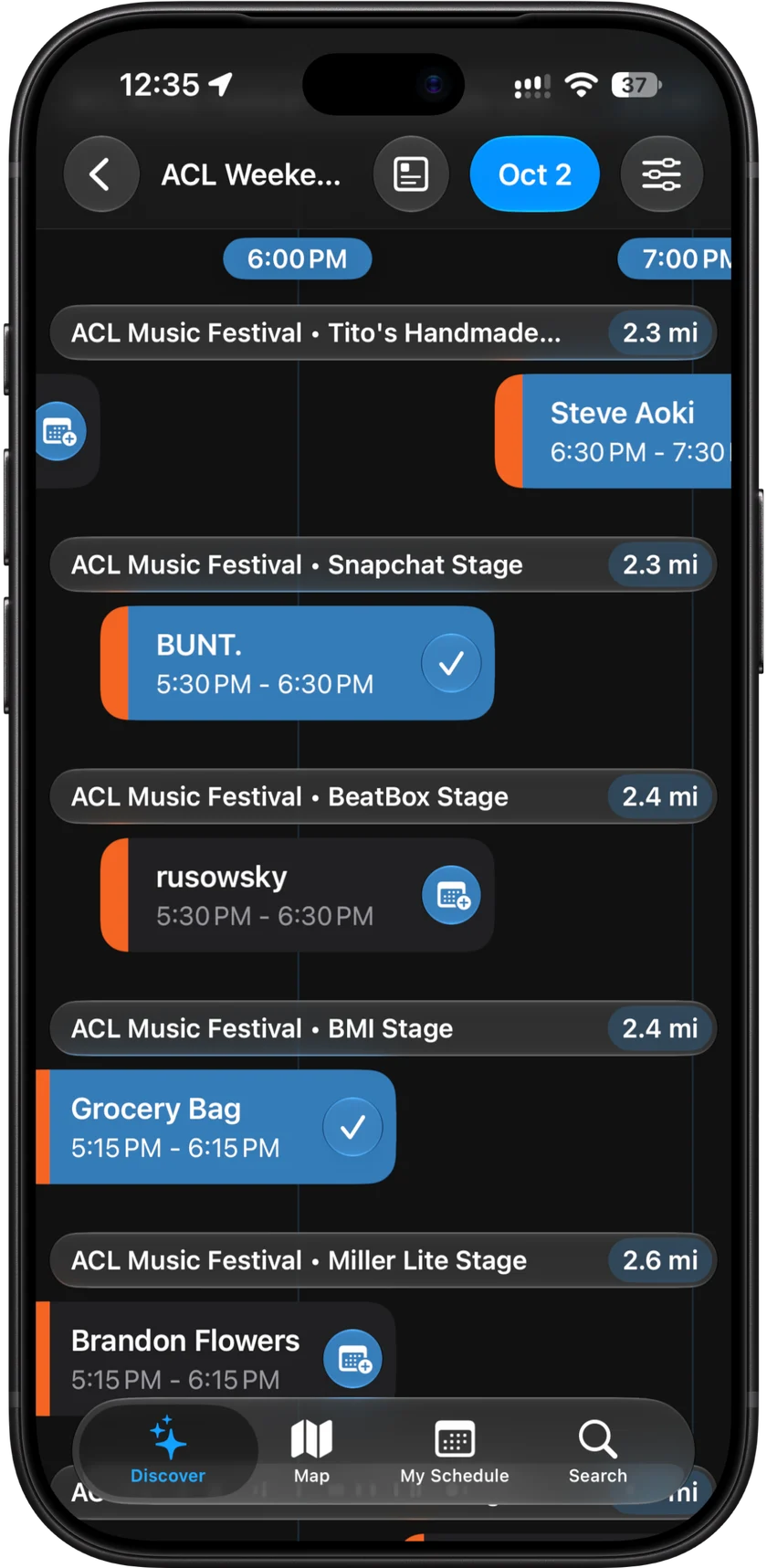 Unplug festival schedule showing selected performances at ACL.
