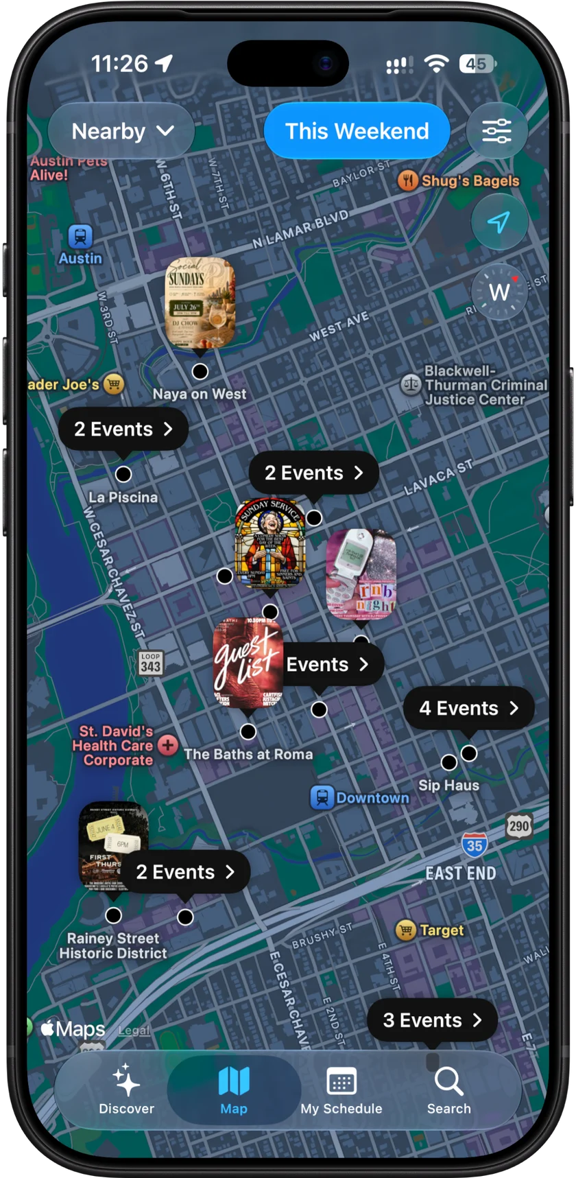 Unplug map showing nearby events in Austin.