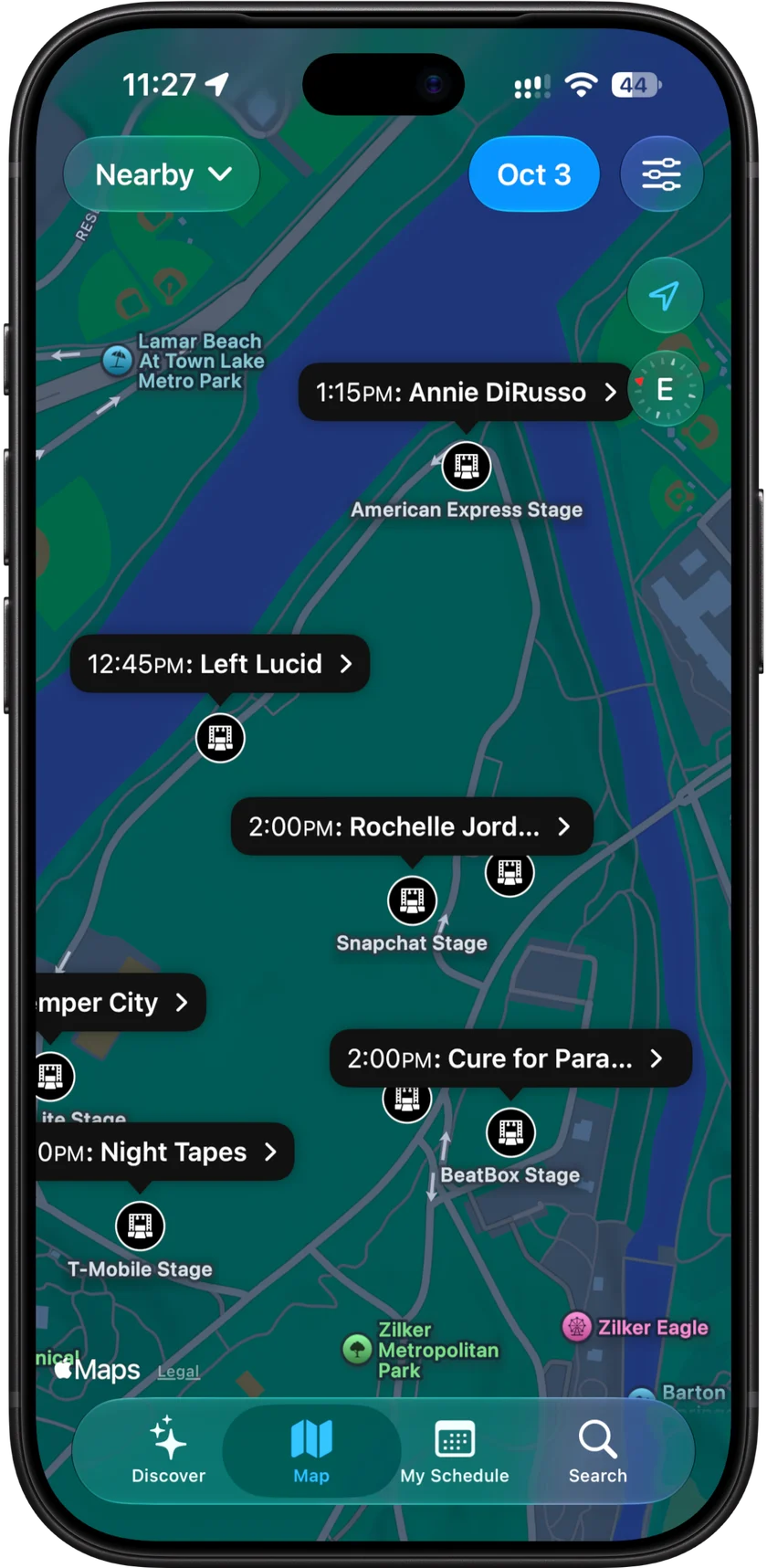 Unplug map of ACL festival grounds showing stage locations, artists, and set times.